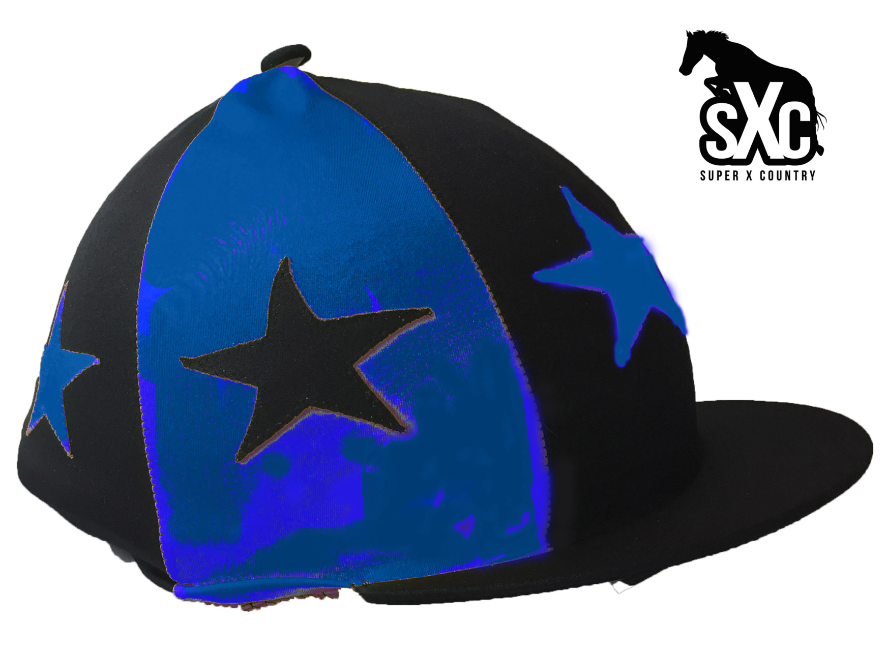 SXC PRINTED RIDING HAT SILK COVER NAVY AND BABY PINK ALTERNATE STARS POMPOM 